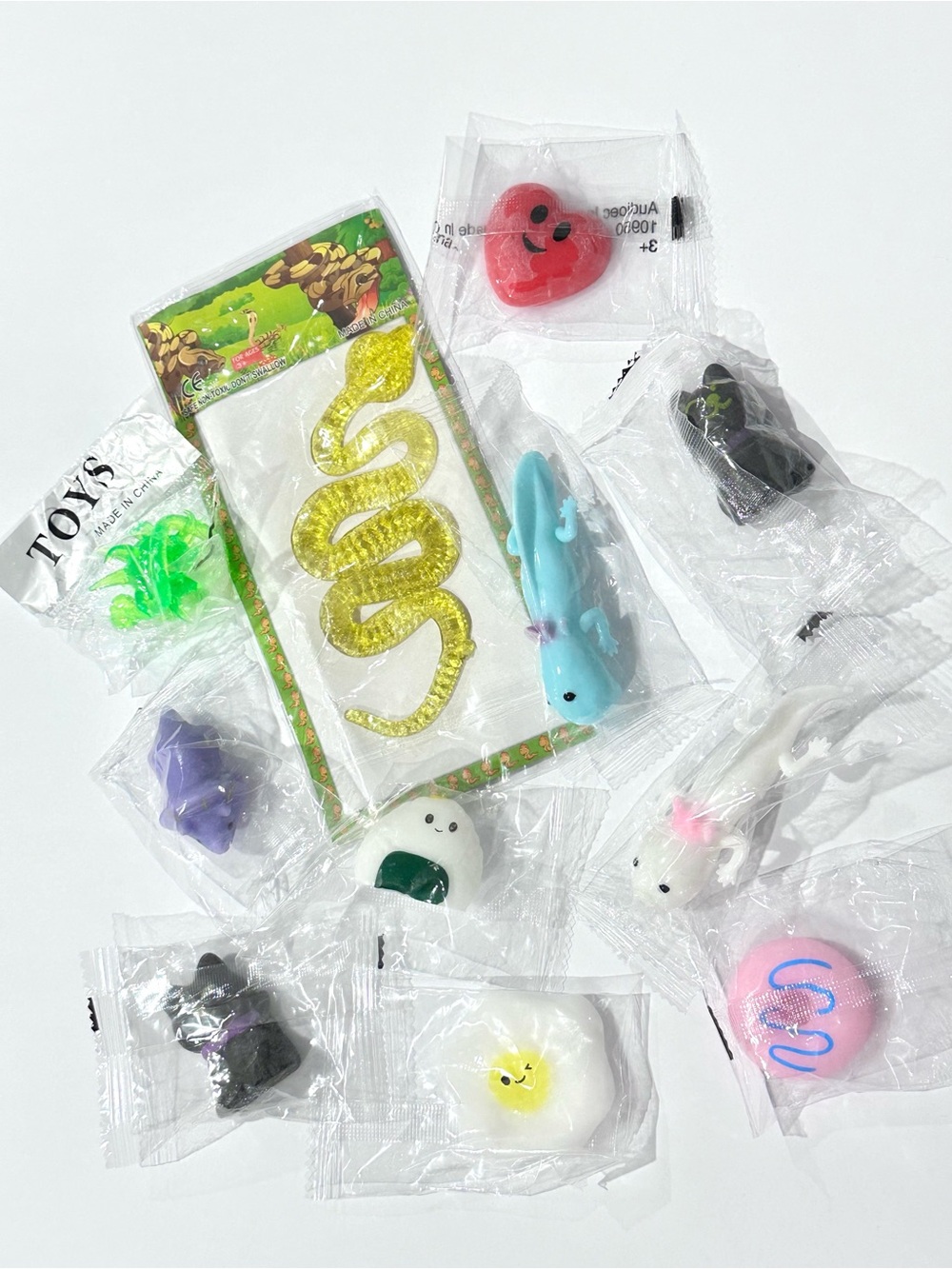 11 Pc Mini Mochi Squishy Toy Lot Axolotl Slingshots Glitter Snake